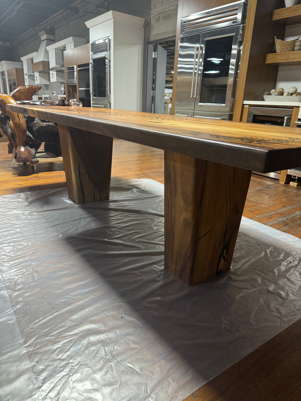 Custom Celtic Live edge Slab table with resin inlay and stiletto legs