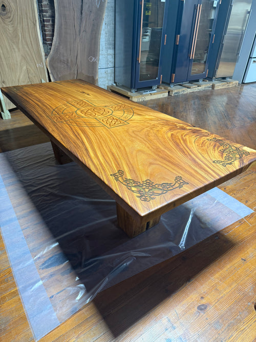 Custom Celtic Live edge Slab table with resin inlay and stiletto legs
