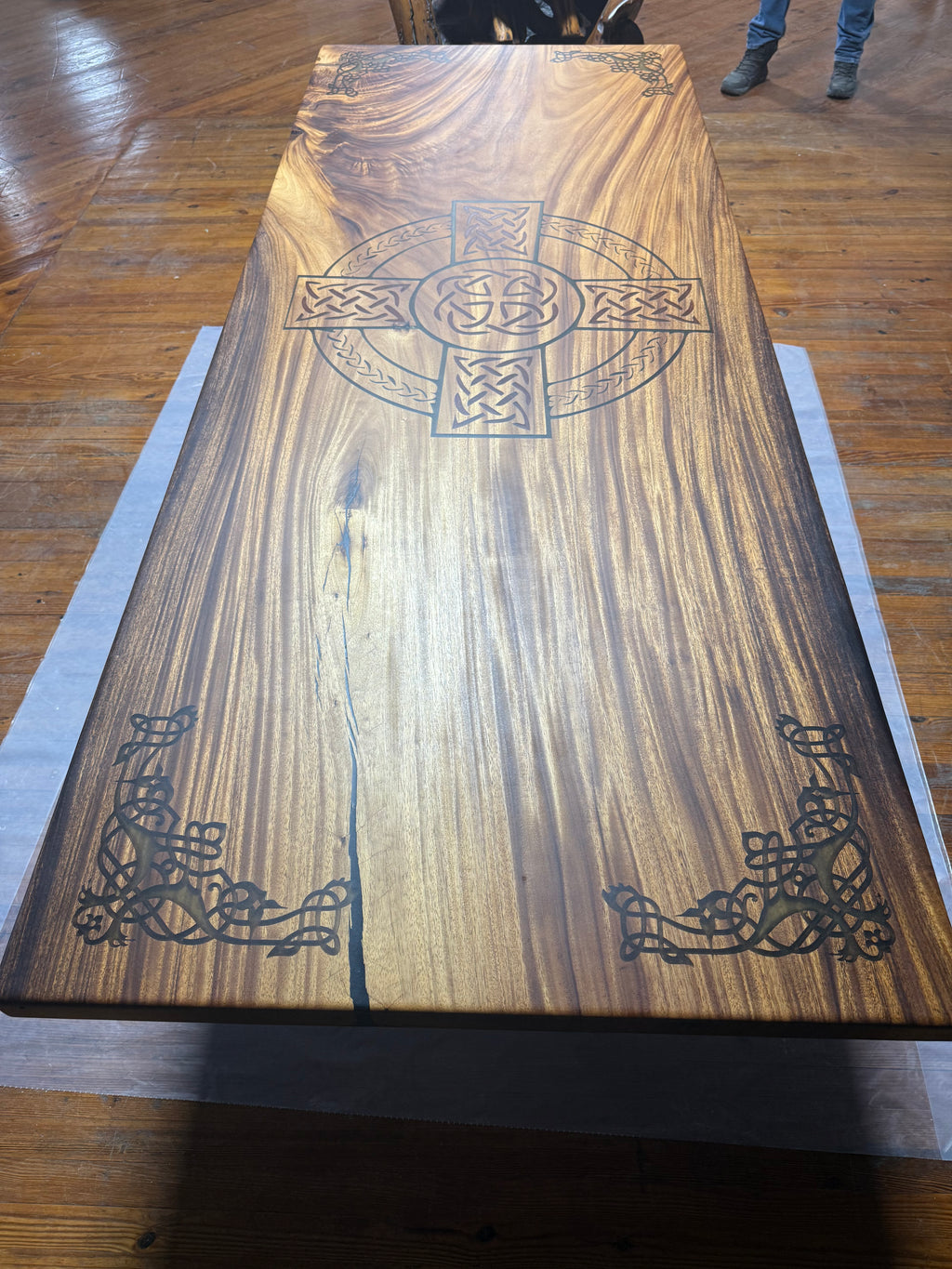 Custom Celtic Live edge Slab table with resin inlay and stiletto legs